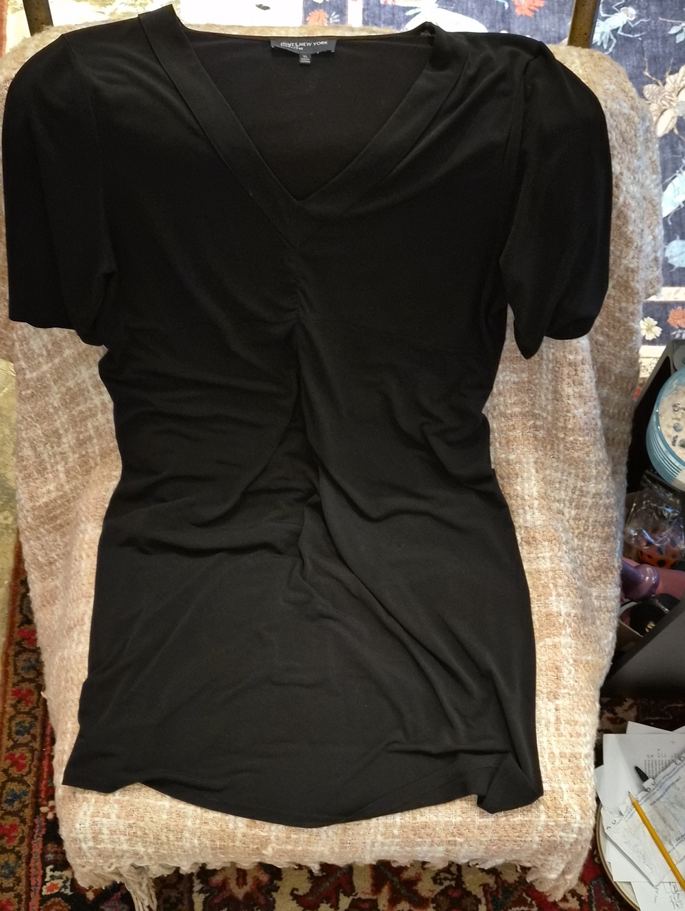 Jones New York Signature Little Black Dress V‑Neck Short Sleeve, Ruched Princess